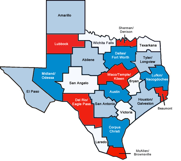 Map of Texas regions. If you are unsure of which region to select, choose the anywhere option in the list.